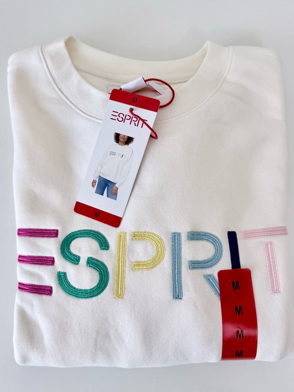 NWT Esprit Cream Logo Fleece Crewneck Sweatshirt Embroidered 80s Retro Viral M
